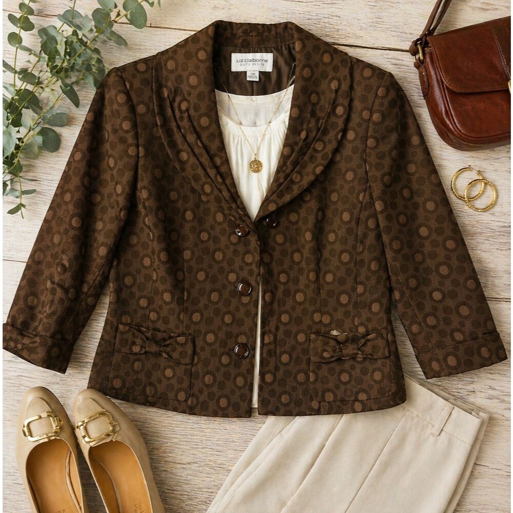 Liz Claiborne Suit Petite Blazer 14P Brown Polka Dot Jacket 3/4 Sleeve Button Fr